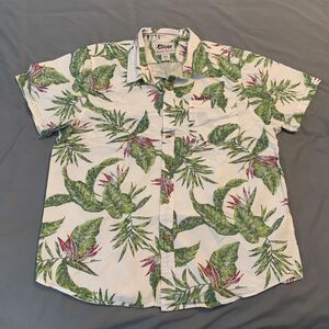 Plugg Shirt Mens XL White Green Tropical Floral Hawaiian Button Up Cotton Summer